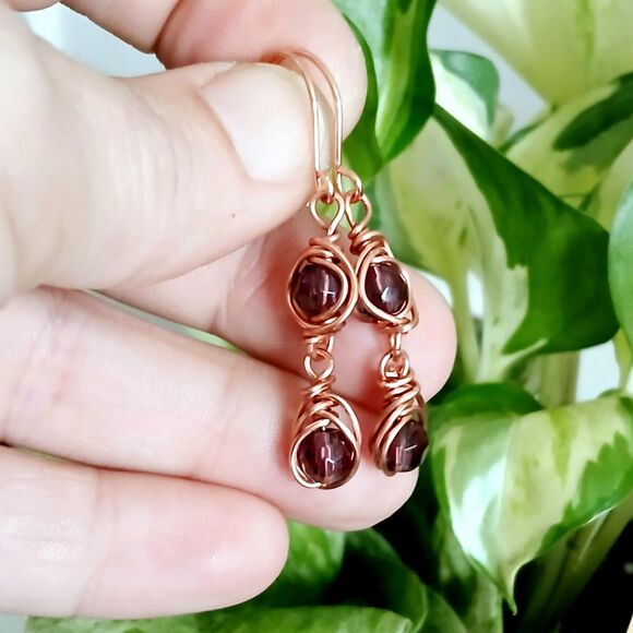 Copper Wire Glass Beaded Dangle Earrings, Boho Chic Artisan OOAK 2" - Picture 3 of 10